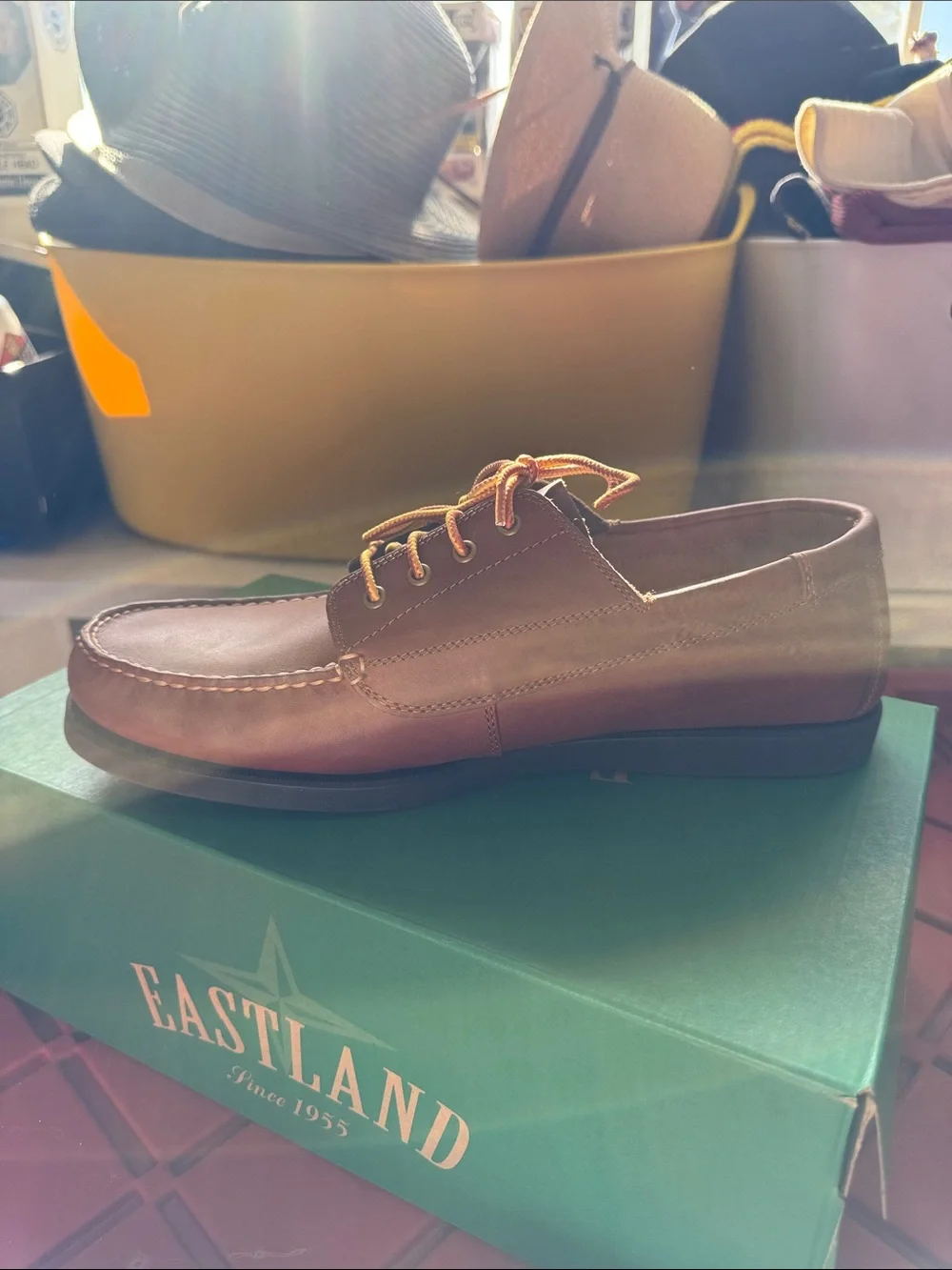 Eastland Men's Brown Leather Moc Toe Slip-On with Tan Laces